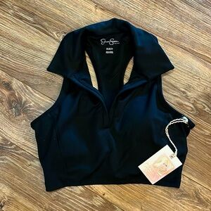 Jessica Simpson Active Longline Polo Cropped Racerback Tank Black XS NWT